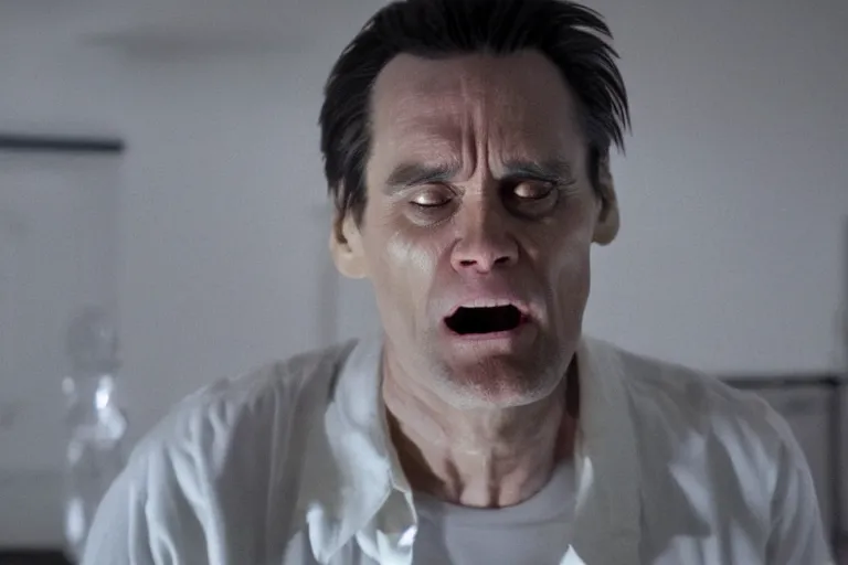 Image similar to a still of jim carrey in the human centipede, horror, dramatic lighting