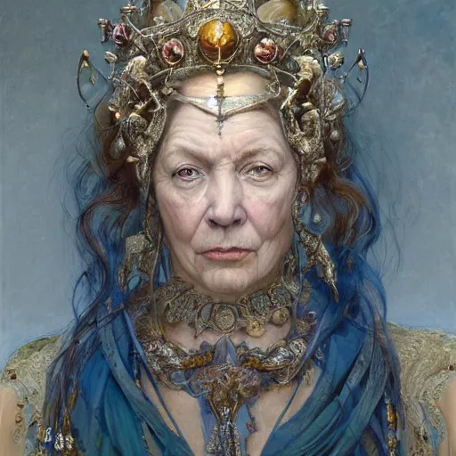 Image similar to highly detailed portrait of a majestic queen in the form of an old woman. d & d. art by donato giancola, eugene delacroix, ruan jia, carl larsson, peter mohrbacher. trending on artstation, intricate details, energetic composition, golden ratio, concept art, illustration, elegant art, global illuminaition