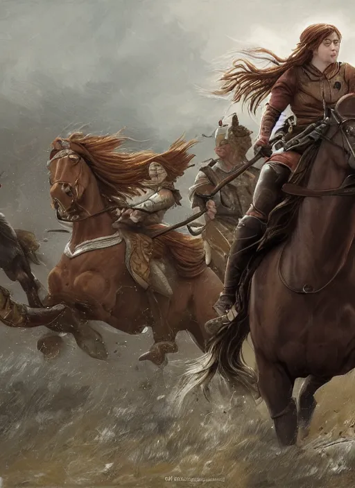 Image similar to angry Maisie Williams leading the charge on horse as a ruggedly muscled handsome heroine, intricate, elegant, highly detailed, centered, digital painting, artstation, concept art, smooth, sharp focus, illustration, artgerm, donato giancola, Joseph Christian Leyendecker, WLOP, Artgerm, thunder storm