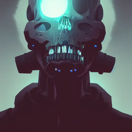 Prompt: a skull face monster minimalist, cyberpunk, behance hd by jesper ejsing, by rhads, makoto shinkai and lois van baarle, ilya kuvshinov, rossdraws global illumination ray tracing hdr radiating a glowing aura, fine texture, editorial illustration, dramatic lighting, dynamic composition, detailed, matte print, dynamic perspective, muted color