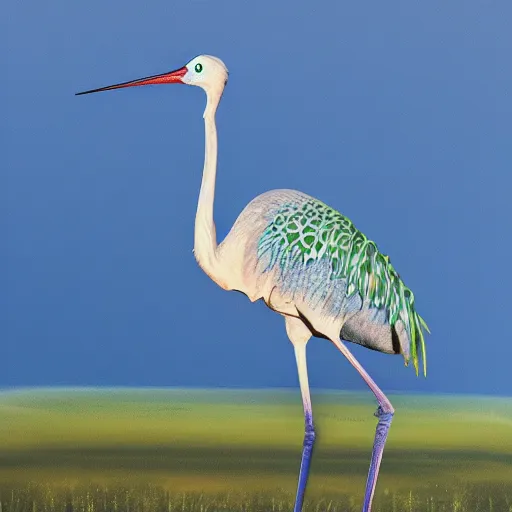 Image similar to a hybrid of a crane and a frog on the background of a blue sunset, photorealism, 4 k