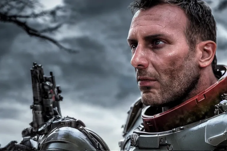 Image similar to VFX movie of a futuristic spacemarine closeup portrait in war zone, beautiful natural skin natural lighting by Emmanuel Lubezki