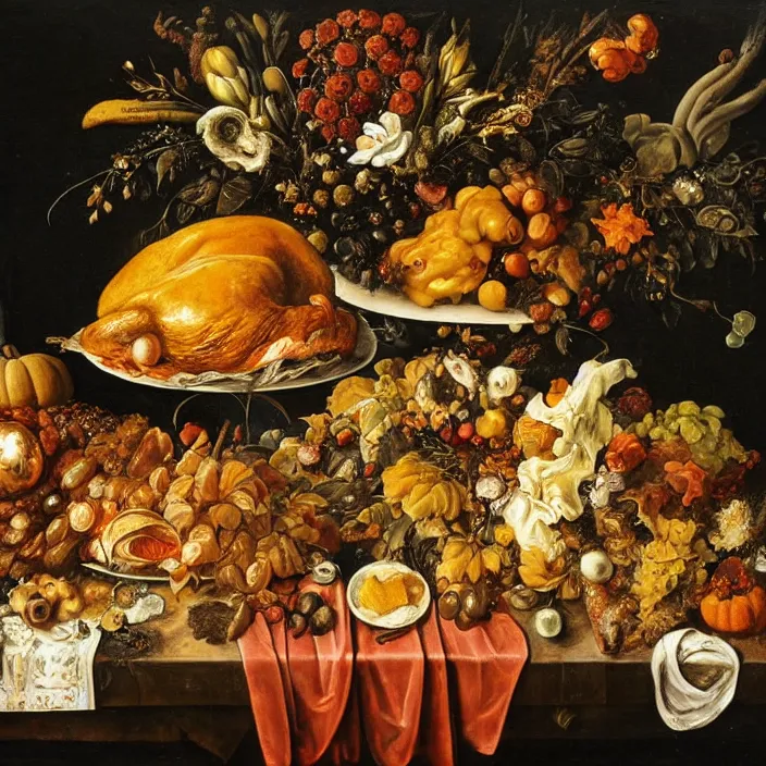 Image similar to victorian thanksgiving feast, cornucopia, black background, vanitas, a still life by giuseppe arcimboldo, a flemish baroque by jan davidsz. de heem, intricate high detail masterpiece