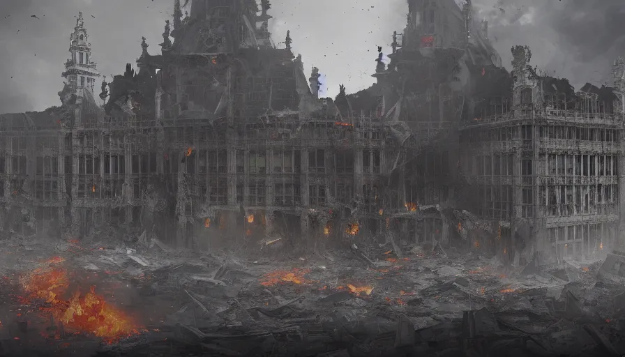 Prompt: destroyed palace of justice of brussels on fire, grey sky, debris, collapsing, hyperdetailed, artstation, cgsociety, 8 k