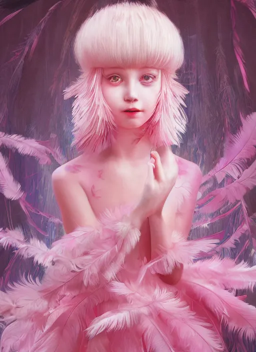 Image similar to beautiful little girl with an pink eccentric haircut wearing an dress made of feathers dancing on stage, artwork made by ilya kuvshinov, inspired in donato giancola, hd, ultra realistic, reflection, flowers, light, realistic face, bird tattoo, trending on pixiv, 8 k, ray tracing