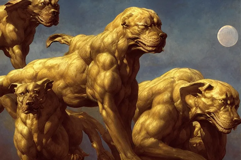 Image similar to hyperdetailed matte art of cerberus by william blake, ilya repin, amano, rene magritte, craig mullins