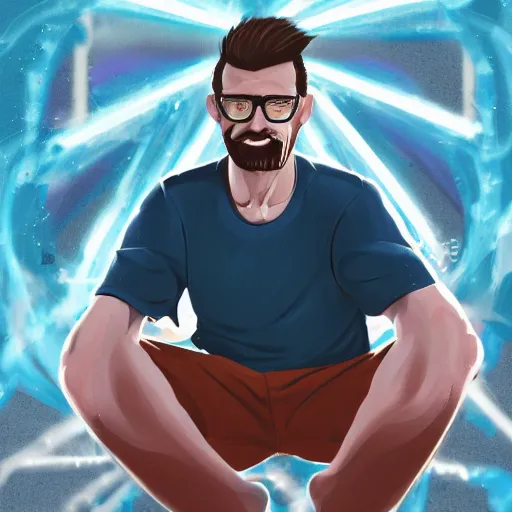 Prompt: Average athletic european Man in his 30s, dark blond hair and salt-and-pepper hair with a short beard, thick dark glasses, blue eyes, big nose, wearing a shirt and a jean and multicolor shoes, shoes fisheye, digital painting, 4k, anime , rays of light, particles light, artstation, kuvshinov ilya, landscape by Noah Bradley