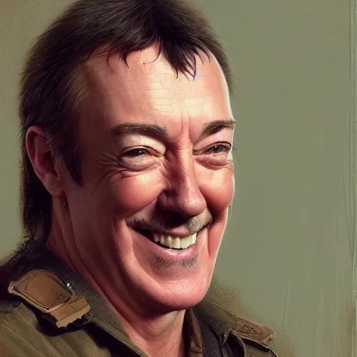 Image similar to A closeup of happy Neil Peart from Rush, highly detailed, by Greg Rutkowski, Raphael Lacoste, cgstation, 8k