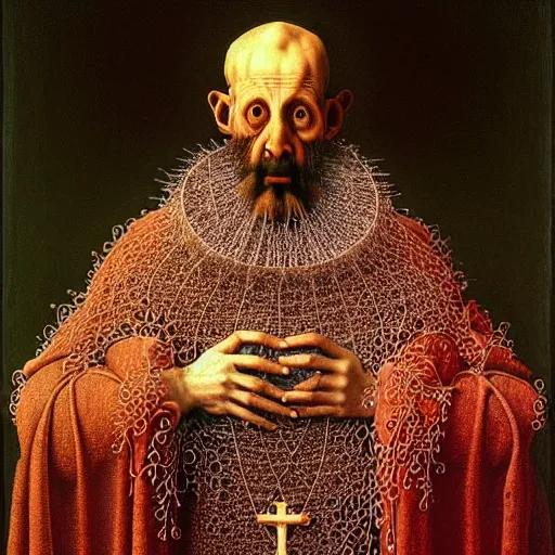 Prompt: a catholic priest wearing a robe made of spagetthi fractals, baptism, highly detailed, by giuseppe arcimboldo and ambrosius benson, renaissance, romanticism, intricate and intense oil paint, a touch of beksinski, realistic
