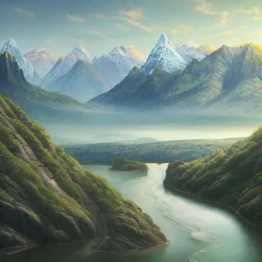 Image similar to a beautiful painting of a scene about a panorama of rivers and mountains, by victo nagi and yuumei and james jean, trending on artstation., ultrawide viewn and highly detailed matte painting - h 6 4 0 - w 1 2 8 0