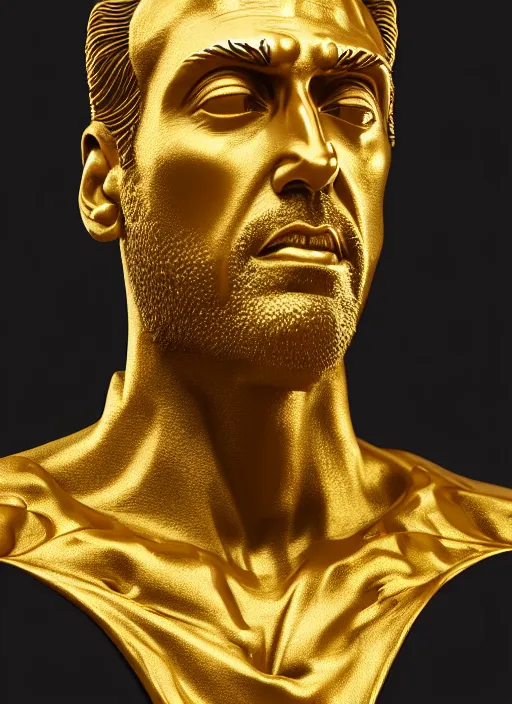 Image similar to stylized gold onyx ornate statue full body made of marble of nicholas cage, perfect symmetrical body, perfect symmetrical face, hyper realistic, hyper detailed, by johannen voss, by michelangelo, octane render, blender, 8 k, displayed in pure white studio room