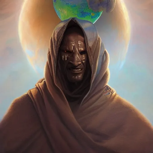 Image similar to male nomad wearing a cloak on an alien world and holding a holographic planet projection in his hand, covered face, detailed, sci - fi, digital painting, artstation, sharp focus, illustration, artgerm, tomasz alen kopera, peter mohrbacher, donato giancola, joseph christian leyendecker, wlop, frank frazetta