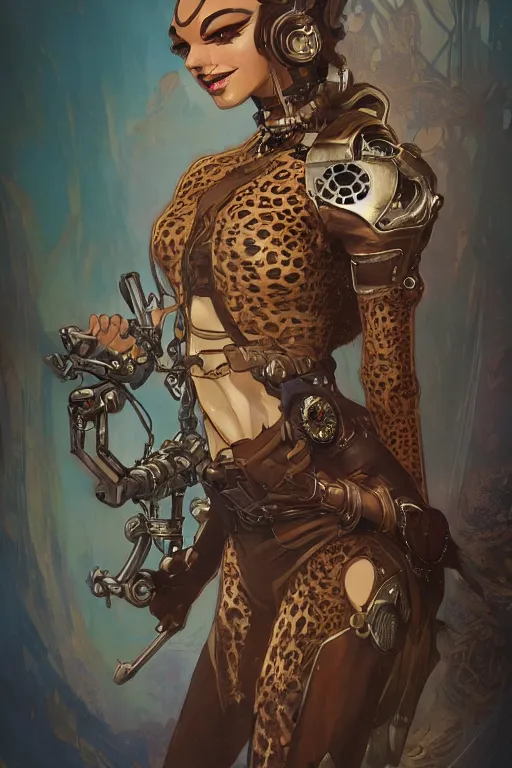 Image similar to anthropomorphic cheetah as steampunk half - cyborg, western, high fantasy, dnd, smooth, sharp focus, illustration, highly detailed, digital painting, artstation, concept art, by disney animation, rossdraws, alphonse mucha, frank fanzzeta, collectible card art