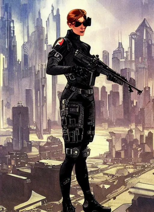 Prompt: Selina. USN special forces operator looking at city skyline. Agent wearing Futuristic stealth suit. rb6s Concept art by James Gurney, Alphonso Mucha.