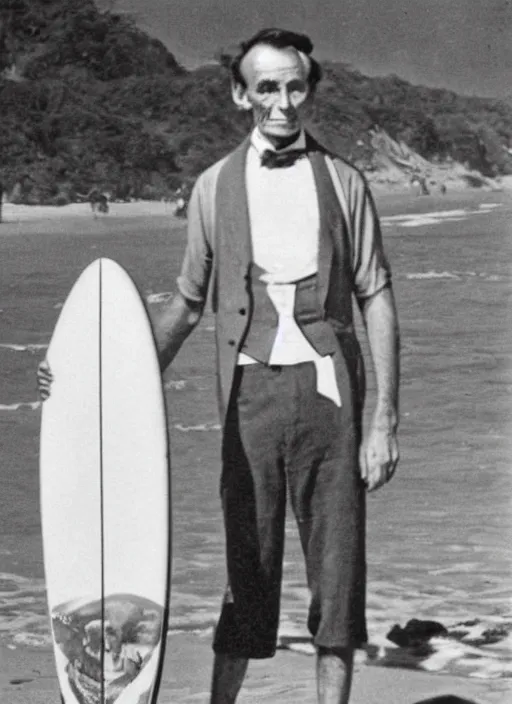 Prompt: old photo of a young abraham lincoln in tank top and shorts with a surf board at the beach