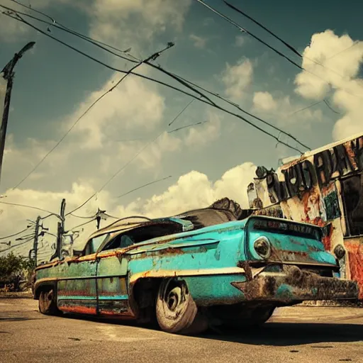 Image similar to low wide angle shot of dilapidated fallout 5 miami, tropical coastal city, desolate, dilapidated neon signs, few rusted retro futuristic vintage parked vehicles like cars, buses, trucks, trams, sunny weather, few clouds, volumetric lighting, photorealistic, daytime, spring, sharp focus, ultra detailed, 4 0 0 0 k