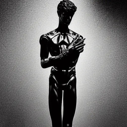 Image similar to “a realistic detailed photo of a guy who is an attractive humanoid who is half robot and half humanoid, who is a male android, Andrew Garfield, shiny skin, posing like a statue, blank stare”