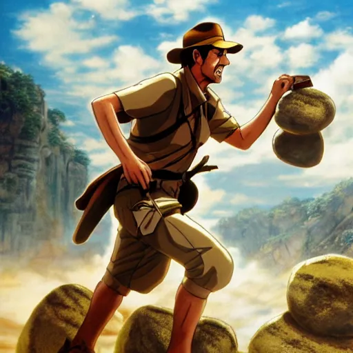 Image similar to Indiana Jones being chased by a boulder trap, boulder chase, underground sandstone temple background, giant round stone chasing Indiana Jones, raiders of the lost ark, anime key visual