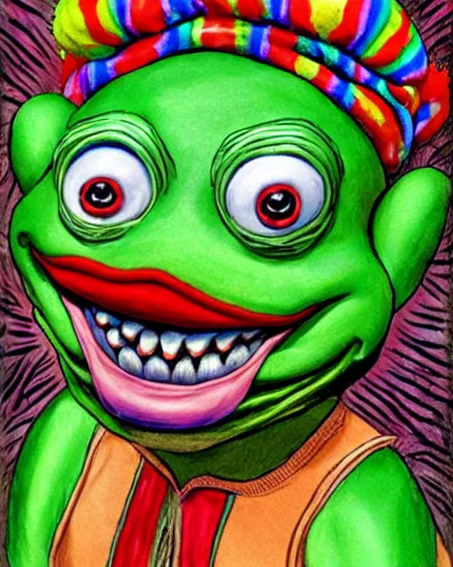 Image similar to Clown Frog King has his crown stolen by a gang of clowns, clown frog king wearing clown makeup and rainbow wig, clown king pepe, clown crown artwork by Glenn Fabry and Kentaro Miura