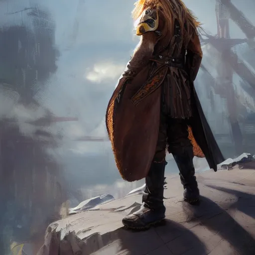 Prompt: rear side portrait of a big, long haired blonde man with a mechanical left arm, wearing a brown leather coat, ponytail hair, DnD, fantasy, digital art by Ruan Jia