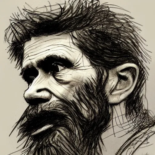 Image similar to a realistic yet scraggly portrait sketch of the side profile of a stern and sophisticated willem dafoe with a beard, trending on artstation, intricate details, in the style of frank auerbach, in the style of sergio aragones, in the style of martin ansin, in the style of david aja, in the style of mattias adolfsson