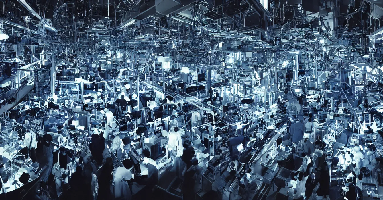 Prompt: Realistic detail photo of a interior of laboratory with hardware engineers and scientists from future, full of various electronic microscopes, devices and instruments, hundreds of blue spotlights hanging from ceiling, incredible sharp details, light contrast, dark atmosphere, bright vivid colours, reflections, metal speculars, journalistic photography from year 2194, Rembrandt style