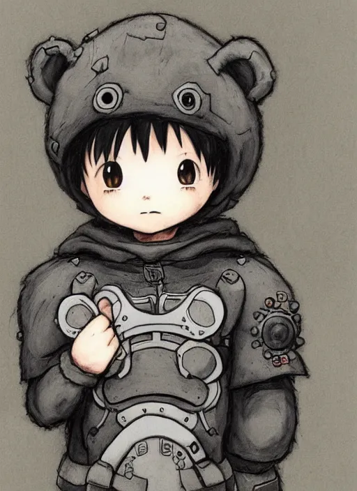 Image similar to beautiful little boy wearing an cyborg bear suit, artwork in kentaro miura and made in abyss and rosdraws, smooth, beautiful lightness, anatomically correct, trending on pixiv, forest