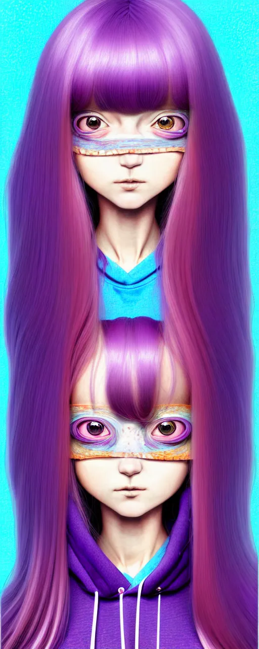 Image similar to richly detailed colored pencil 3D illustration of a singular beautiful female butcher with long purple hair wearing a hoodie and short shorts, she staring at the camera happily. mirrored background with completely rendered reflections, art by Range Murata and Artgerm.