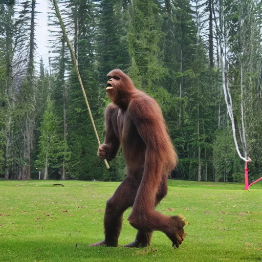 Prompt: Sasquatch practicing caber toss with trees