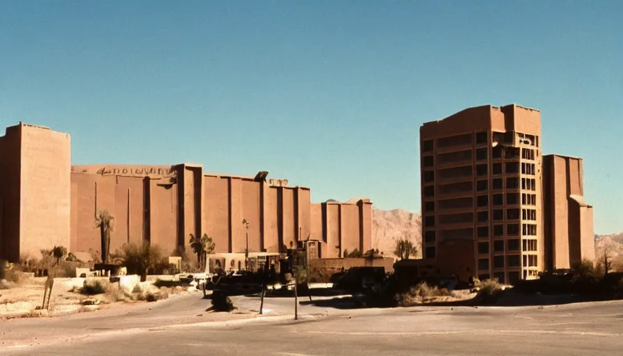 Image similar to 1 9 7 0 s movie still of a empty mammoth stalinist style town with high - rise in the desert, cinestill 8 0 0 t 3 5 mm eastmancolor, heavy grain, high quality, high detailed