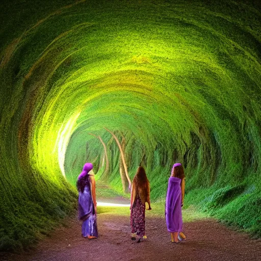 Prompt: sisters meet in dark lush tunnel, cinematic lighting, wispy clouds, positive dawn,