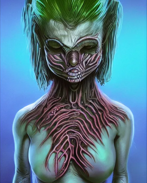 Image similar to a character portrait of a fully clothed female mutant raver / punk using her mutant powers in the style of h. r. giger / zdzisław beksinski / david cronenberg trending on artstation deviantart pinterest hyper detailed photorealistic highlights and shadow hd 8 k post - processing high resolution