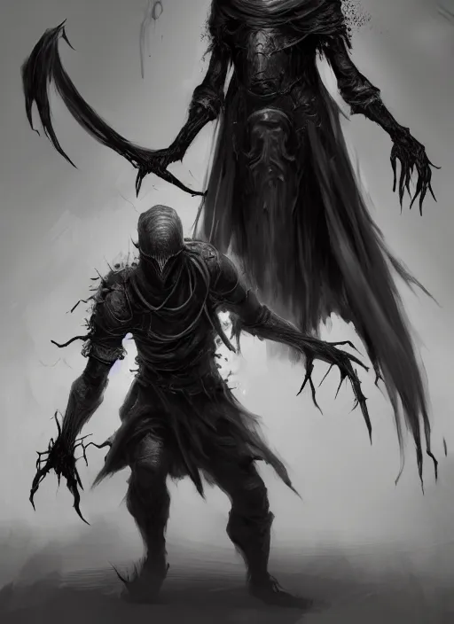 Image similar to creepy pale moster with incredibly long fingers, very long arms, character concept, dark souls concept art, Feng Zhu concept art, dramatic lighting, highly stylized, trending on artstation