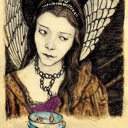 Prompt: anne boleyn crying as she grows bird wings, in the style of arthur rackham