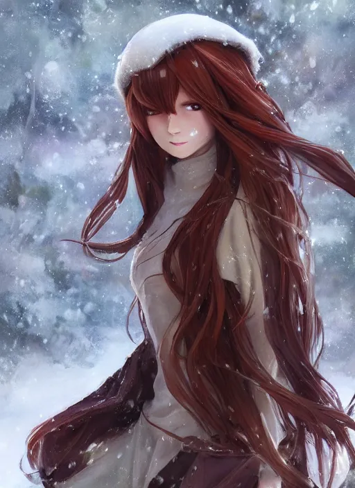 Prompt: an elven girl with long flowing auburn hair in the snow. By Makoto Shinkai, Stanley Artgerm Lau, WLOP, Rossdraws, James Jean, Andrei Riabovitchev, Marc Simonetti, krenz cushart, Sakimichan, trending on ArtStation, digital art.