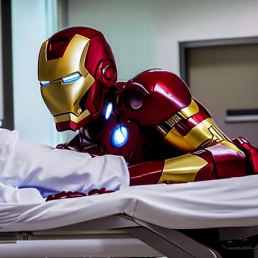 Image similar to iron man lying in a hospital bed getting treatment from doctor house