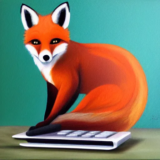 Image similar to oil painting of a fox typing on a laptop