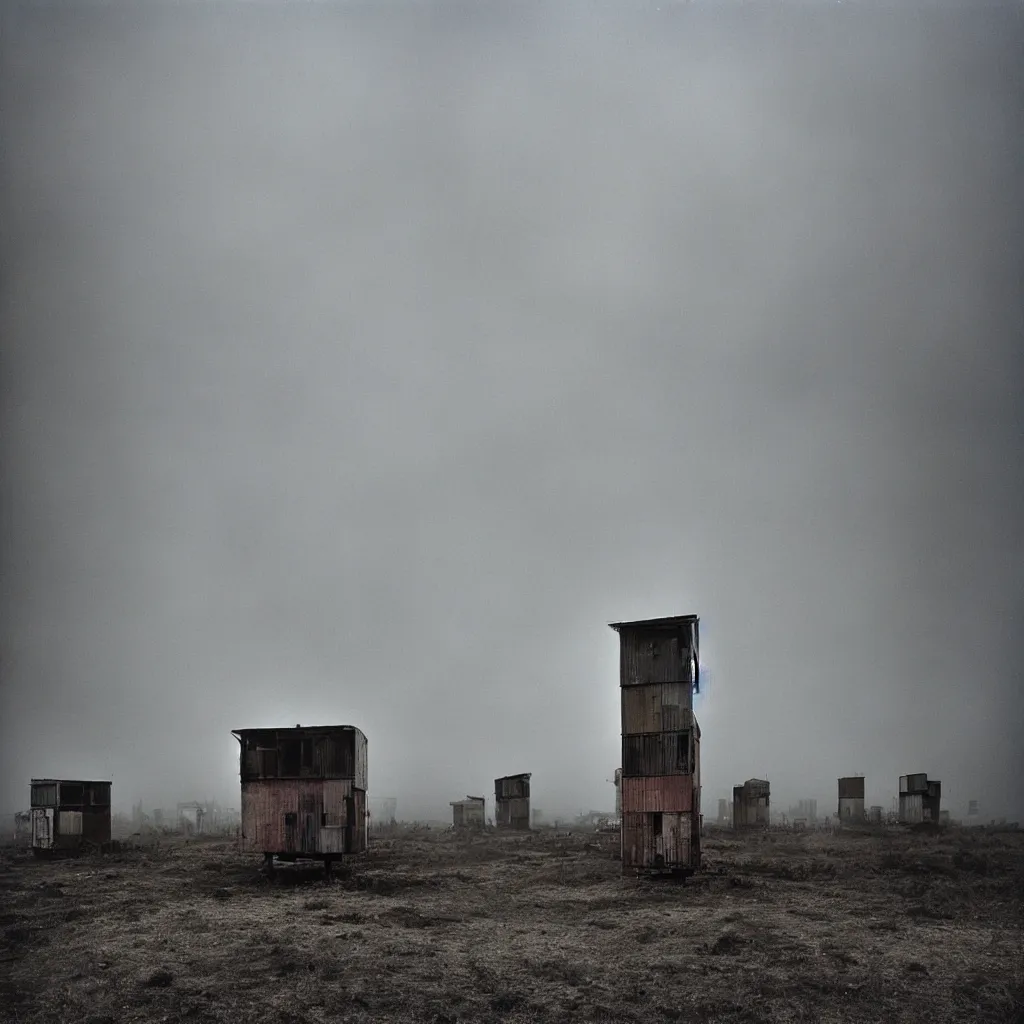 Image similar to two towers, made up of makeshift squatter shacks with faded colours, misty, moody sky at the back, dystopia, mamiya, f 1 1, fully frontal view, photographed by trent parke