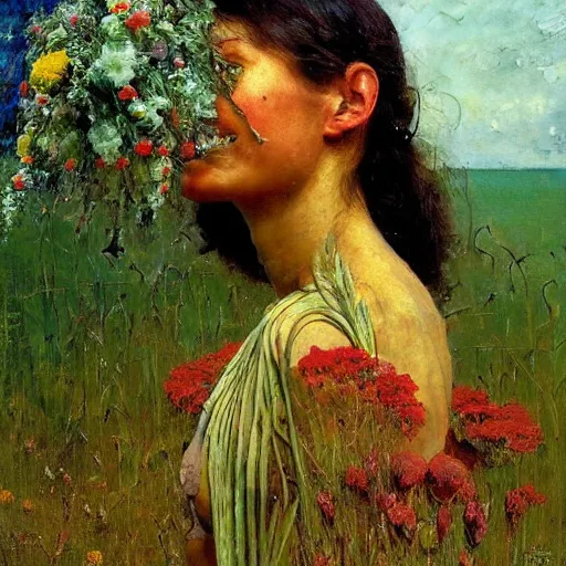 Image similar to a sculpture portrait made of water and sand and flowers and plants, painting part by wojciech siudmak, part by ilya repin, part by max ernst, part by norman rockwell, artstation