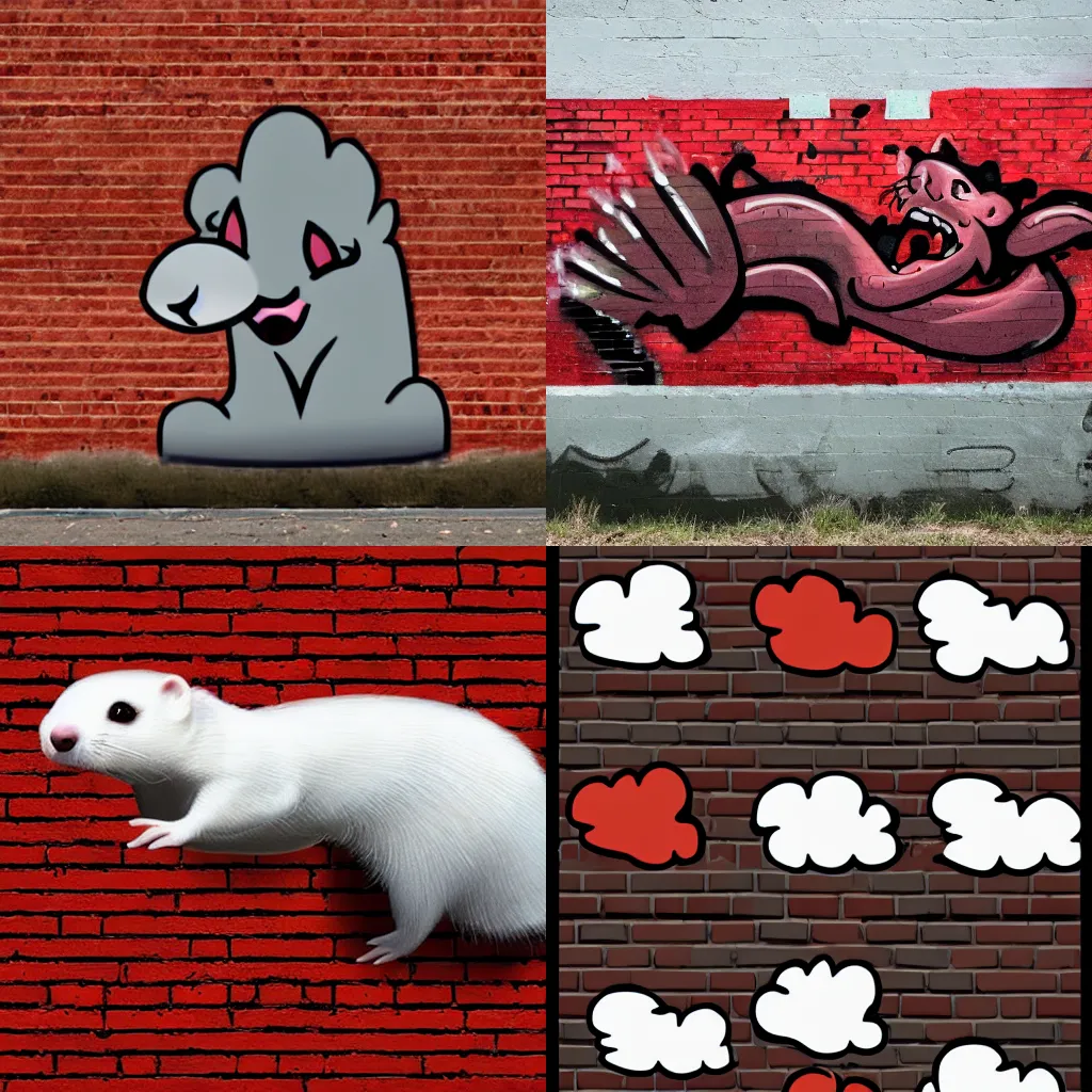 Prompt: ( ( smoke / cloud ) * ( ( backing ) * brick wall ) ) + ( ( graffiti ) * ( furry fandom ) * ( ( ferret * weasel * stoat ) * ( red + black ) ) )