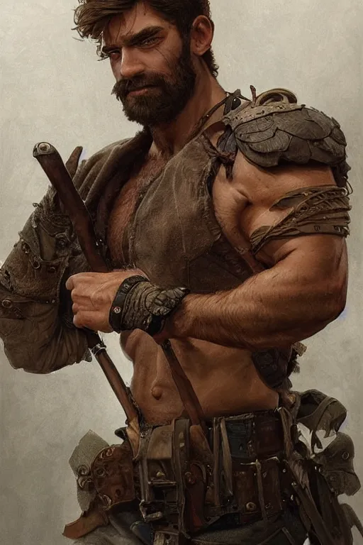 Image similar to portrait of a young rugged ranger, muscular, handsome, upper body, hairy torso, D&D, fantasy, intricate, elegant, highly detailed, digital painting, artstation, concept art, smooth, sharp focus, illustration, art by artgerm and Greg Rutkowski and Alphonse Mucha