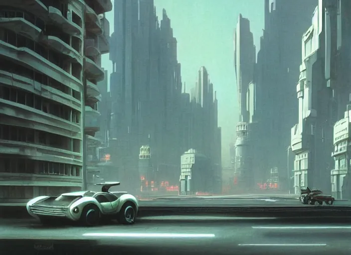 Image similar to a car driving down a street next to tall buildings, cyberpunk art by Chesley Bonestell, cgsociety, retrofuturism, matte painting, reimagined by industrial light and magic