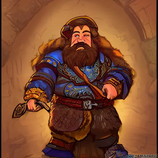 Image similar to dwarven male bard in a tavern, d & d style, trending on artstation, colorful, intricate, art by kev chan