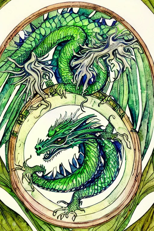 Image similar to green dragon watercolor painting in the center of a circular frame of leaves, art by walter crane and arthur rackham, illustration style, watercolor