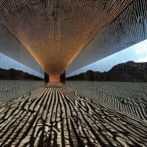 Image similar to infinity room with mirrors, sand, lightbulb, monster, scary, 4 k