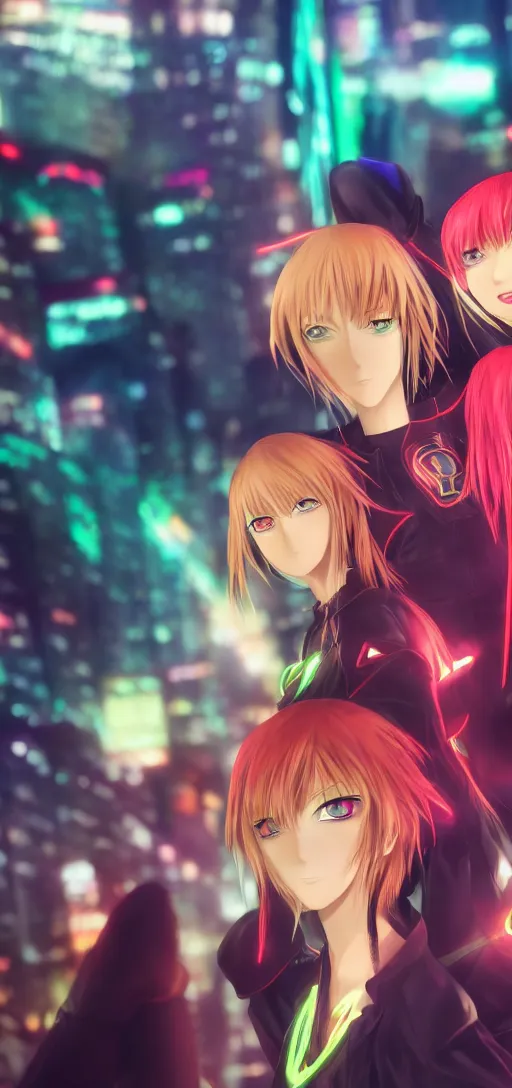 Image similar to annie leonhart and lelouch lamperouge and asuka langley in a neon city, octane render 8 k, photorealistic render, atmospheric render, beautiful face, cute, realistic skin, redshift render