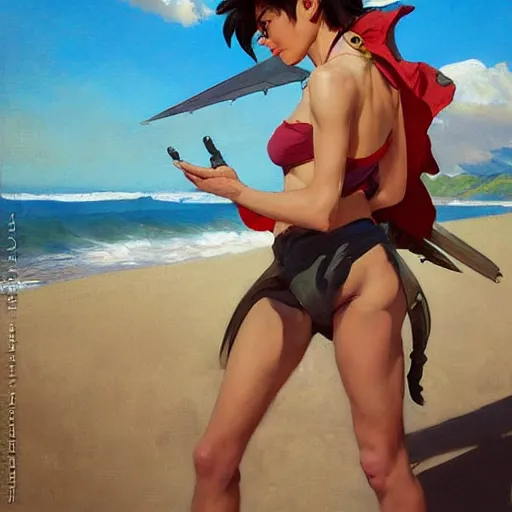 Prompt: greg manchess painting of tracer wearing a knight armor in a beach, medium shot, organic painting, sunny day, bold shapes, hard edges, street art, trending on artstation, by huang guangjian and gil elvgren and sachin teng and artgerm and greg rutkowski and alphonse mucha