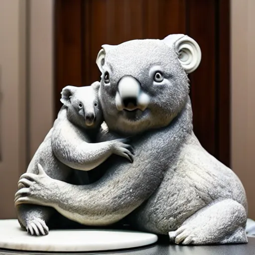 Image similar to “ a marble statue of a koala dj in front of a marble statue of a turntable. the koala has wearing large marble headphones. ”