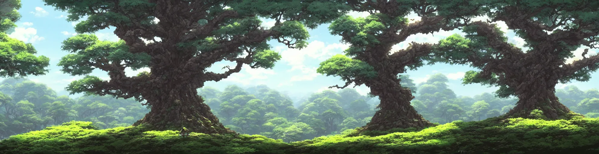 Prompt: a landscape of a single ancient oak tree, kazuo oga, castle in the sky, animated, anime, illustrated, vibrant, overgrown, by masamune shirow, anime on artstation