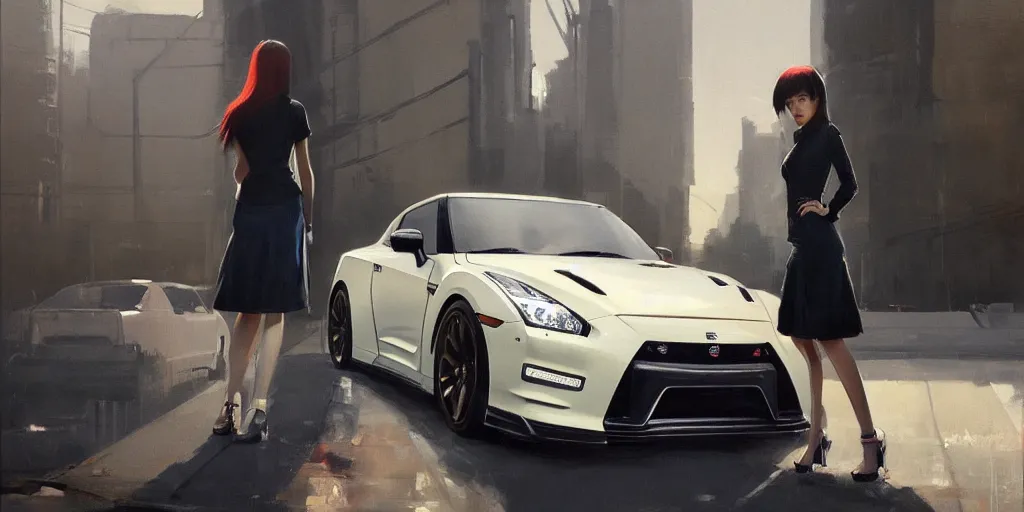 Image similar to A ultradetailed beautiful panting of a stylish girl standing in front of a Nissan GTR, Oil painting, by Ilya Kuvshinov, Greg Rutkowski and Makoto Shinkai